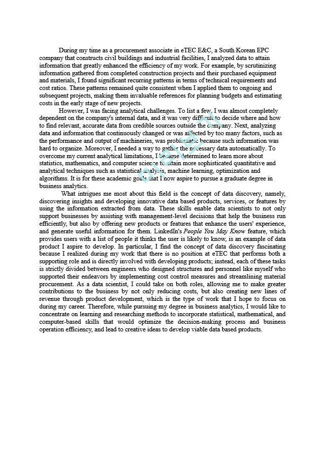  미국 대학원 지원 SOP (Statement Of Purpose) Grad Admissions USC Business Analytics Proofreading Service Verified   (1 )